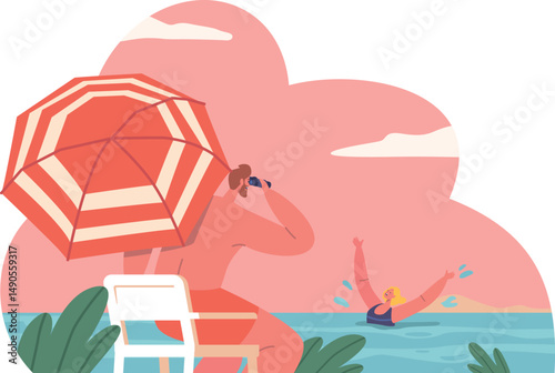 Beach lifeguard seeing drowning woman
