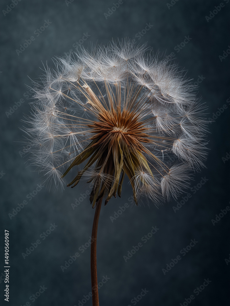Fototapeta premium Closeup of a Dandelion Seed Head Against a Dark Grey Background