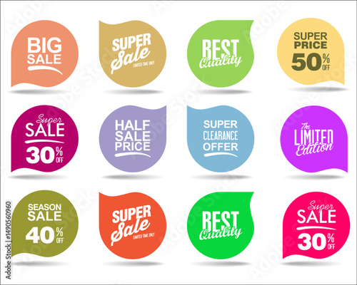 Collection of colorful promo stickers and badges isolated on white background 