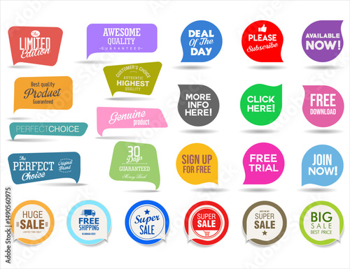 Collection of colorful promo stickers and badges isolated on white background 