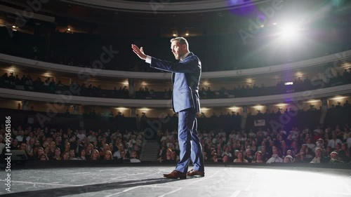 Charismatic speaker engages enthusiastic audience in captivating theater presentation