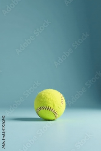 A lone softball rests gently on a light blue surface, casting a subtle shadow; a minimalist image perfect for sports-related projects or designs.