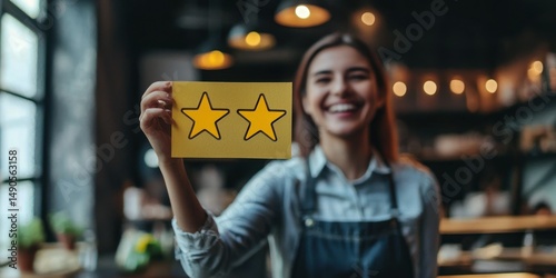 Customer smiling after submitting a positive review Stock photo