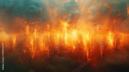 Fiery ethereal skyscape featuring dramatic cloud formations and radiant light