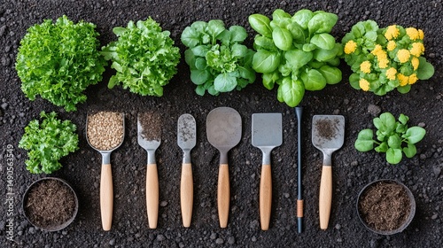 Gardening tools  herbs overhead.