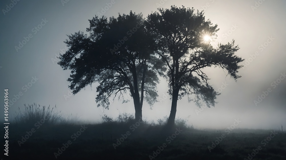 Obraz premium Two trees silhouetted against a foggy background with sunlight shining through the mist.