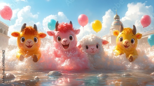 Joyful Lambs and Goats in Festive Water Play