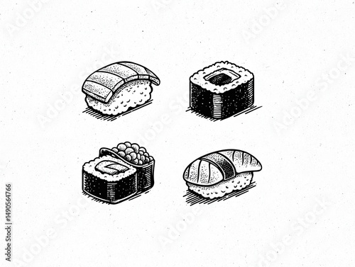 A collection of different types of sushi, featuring nigiri and various maki rolls, presented in a graphic style.