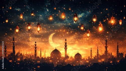 Magical Ramadan Night: Cityscape under a Crescent Moon and Sparkling Lanterns