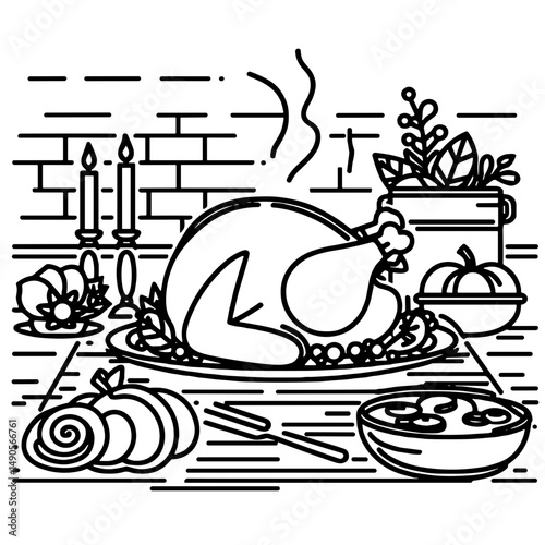 Thanksgiving turkey with side dishes and decorations on table  