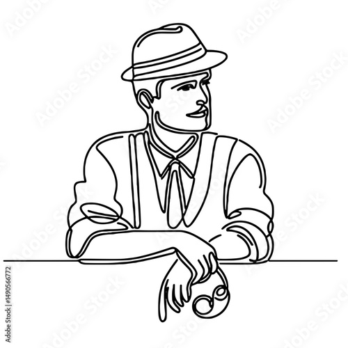Man in hat leaning on table in minimalist line art style. Pin-up worker   