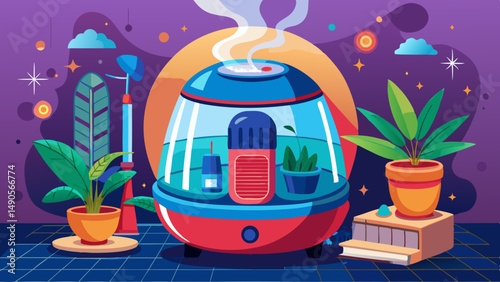 Modern air humidifier in a colorful room with plants, furniture and decor in a vibrant futuristic digital illustration