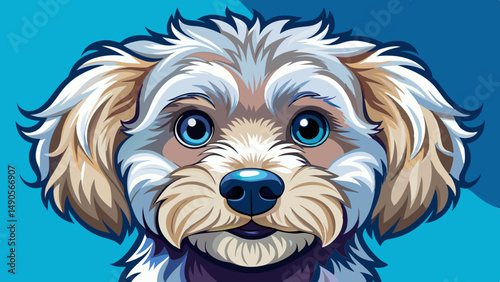Cute fluffy dog with big eyes and light fur in a close-up cartoon illustration on a blue background