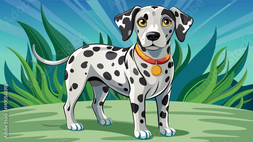 Cute dalmatian dog with black spots standing on grass in a vibrant cartoon landscape with stylized plants