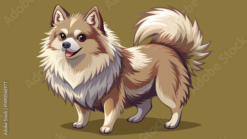 Fluffy spitz dog with thick fur, curled tail and joyful expression in a cute stylized cartoon illustration