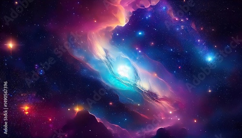 Space background with stars field, gas clouds, and beautiful galaxy.