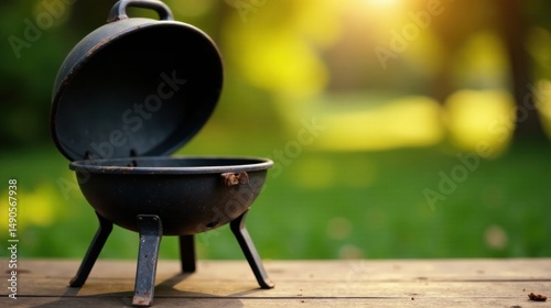 A rustic, black metal charcoal grill sits open on a weathered wooden surface, bathed in the warm glow of a summer afternoon, ready for an outdoor cooking adventure.