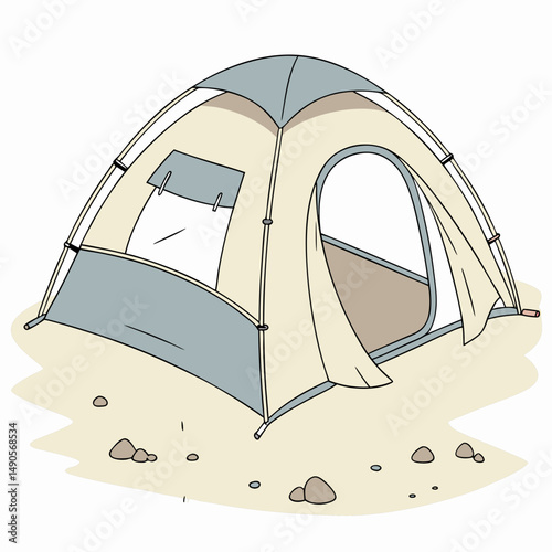 Camping tent on sandy ground cartoon illustration