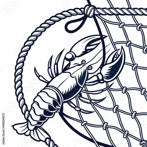 Fresh lobster caught in fishing net nautical design