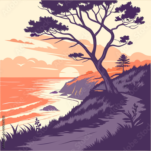 Coastal sunset landscape silhouette tree ocean view