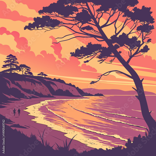 Sunset coastal scene beach walk silhouette trees
