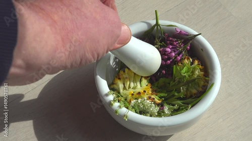 Stockholm, Sweden Wild flowers are pounded into a mortar and pestle. 