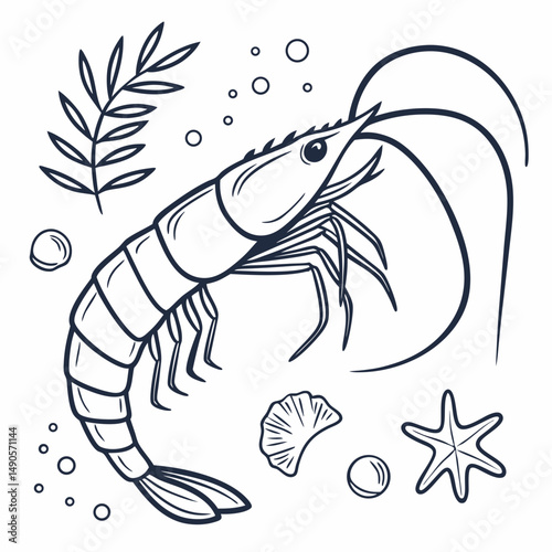 Delicious shrimp ocean seafood line art illustration