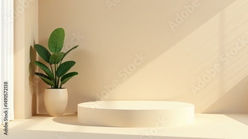 Serene Minimalist Studio Scene with Empty Round Display Platform and Potted Plant in Soft Sunlight