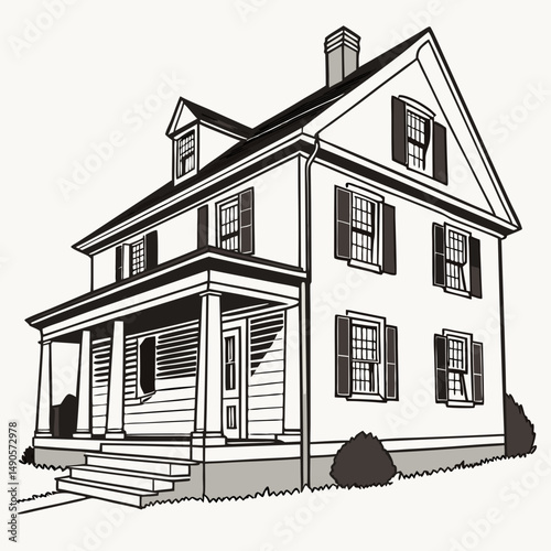 Classic suburban home architectural drawing illustration