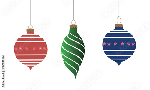 Set of Christmas ornaments with colorful patterns isolated on a white background. Concept of holiday decoration, festive season, winter celebration, minimalist style, Christmas bauble