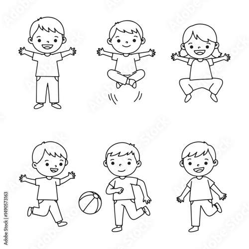 Playful cartoon composition displaying smiling children with engaging movement