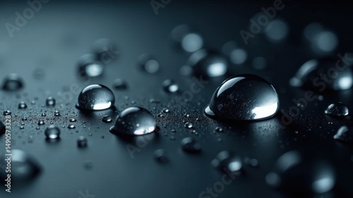Abstract Macro Photography of Water Droplets on a Dark Surface Showing Glistening Reflections