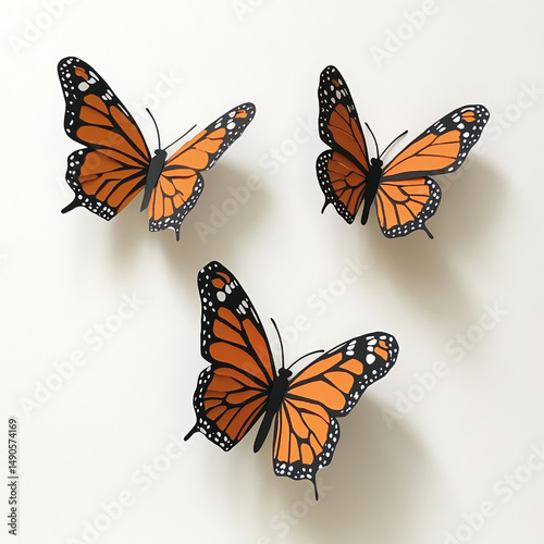 Three paper monarch butterflies on a white background