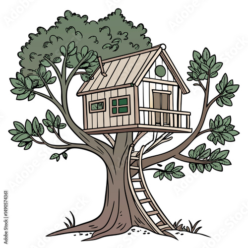 Charming treehouse illustration, isolated on white background