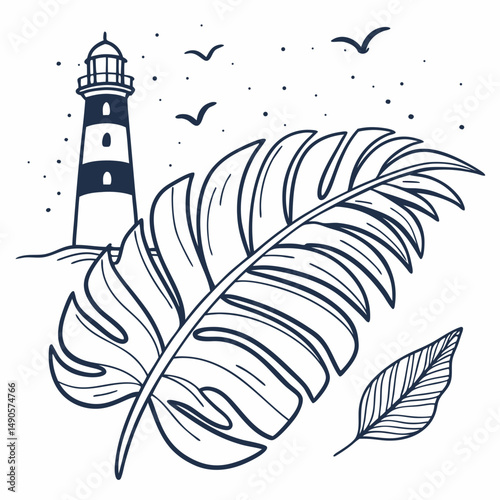 Lighthouse tropical leaves seascape coastal summer design