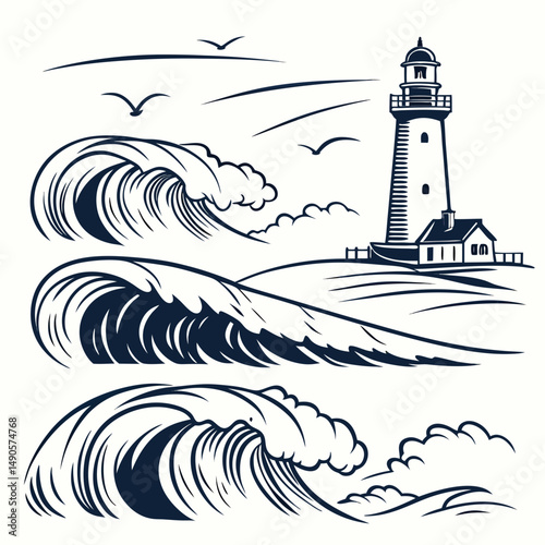 Lighthouse seascape dramatic ocean waves birds