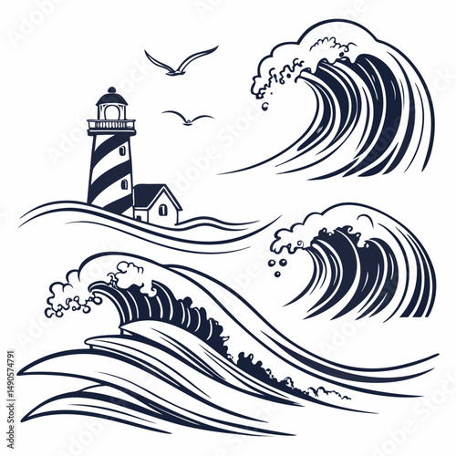 Lighthouse seascape waves ocean birds coastal scene
