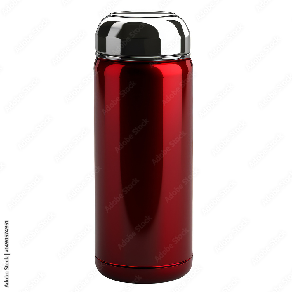 Obraz premium Shiny red thermos bottle with silver lid, designed for hot or cold beverages, standing upright plain background, conveying