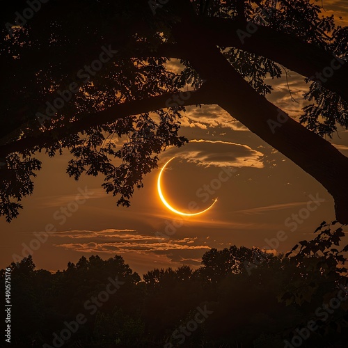 A Partial Solar Eclipse Creating a Crescent Sun with Reflections Through Tree Leaves