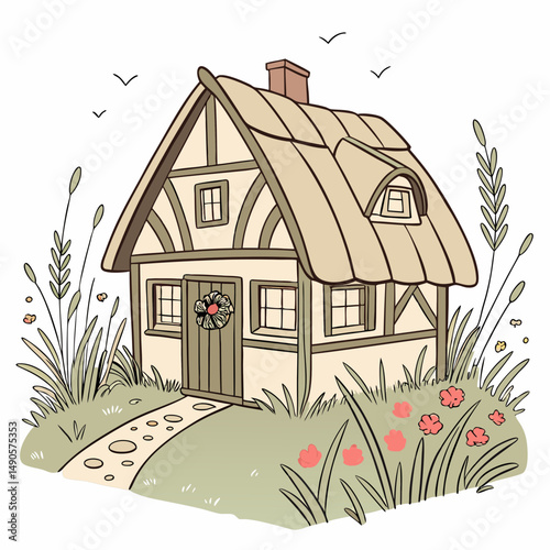 Charming fairytale cottage illustration, isolated on white