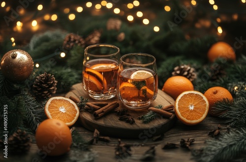 warm spiced wine in glass cups on wooden table surrounded by pinecones and oranges