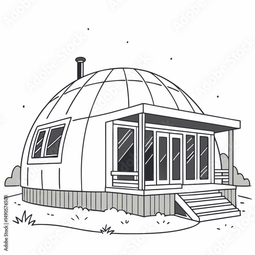 Modern dome house architectural line drawing illustration
