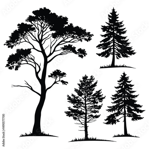 set of silhouettes of trees vector