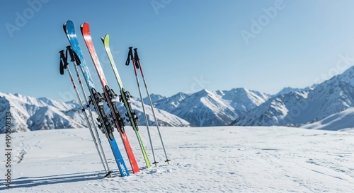 Ski Equipment on a Snowy Mountain: A vibrant collection of skis and poles stands poised against a backdrop of majestic snow-covered mountains.