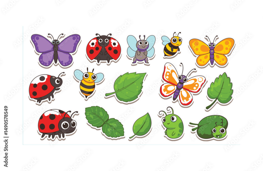 Obraz premium Nature-inspired insect artwork featuring a dynamic mix of friendly cartoon bugs