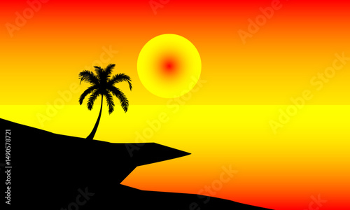 Natural Landscape View in the afternoon Sunset at sea and Silhouette of Coconut Trees