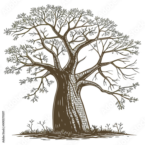 Majestic baobab tree hand drawn illustration