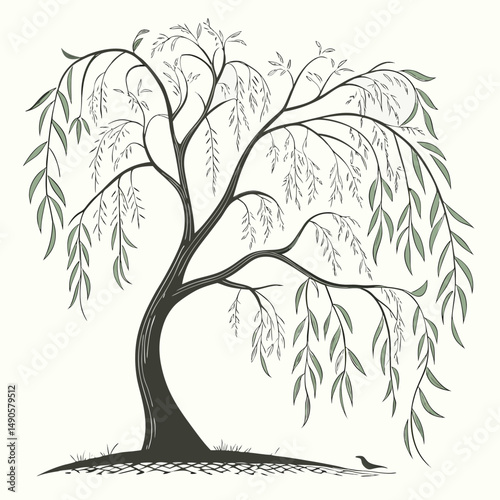 Weeping willow tree elegant nature illustration