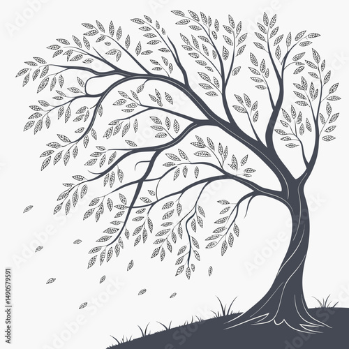 Elegant silhouette tree with falling leaves design