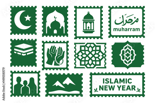 Islamic New Year Muharram Stamp Icon Vector Set in Green Color